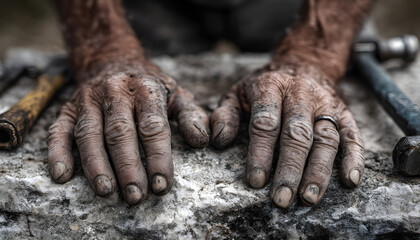 Detail shot of weathered hands on stone, tools in background. Symbolizes hard work, perseverance, and strength. Evokes resilience, determination and craftsmanship