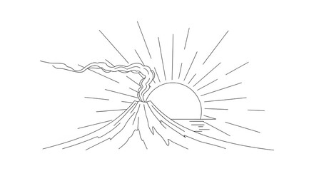 Fototapeta premium Minimalist Volcano Erupting at Sunrise, Black and White Outline Illustration