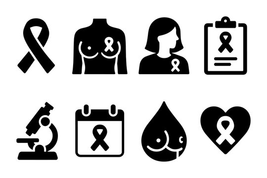 Breast cancer awareness icons set: ribbon, research, awareness, health, prevention - Powered by Adobe