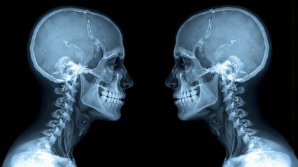 Obraz premium Two x ray profiles of human skulls facing each other in profile view