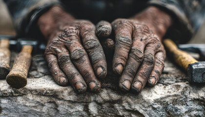 Detail shot of weathered hands on stone, tools in background. Symbolizes hard work, perseverance, and strength. Evokes resilience, determination and craftsmanship