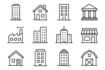 Fototapeta premium Linear building icons set: residential, commercial, industrial, and civic structures
