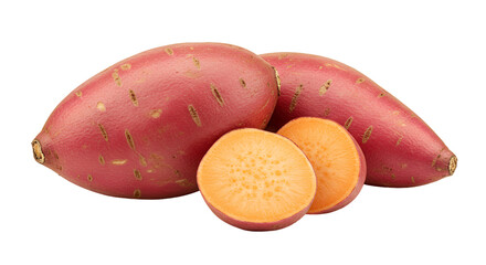 Pile of Red Skinned Sweet Potatoes and Slices on Pink Background
