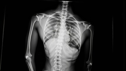 Posterior view of human skeleton showing scoliosis of the spine