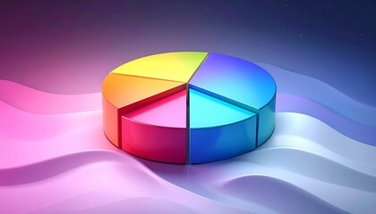 Vibrant Glossy 3D Pie Chart with Dynamic Blue Wave Background