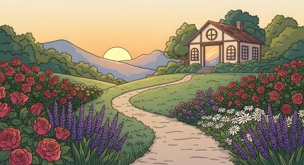 Quaint House with Colorful Flowers by Winding Path at Sunset, Cartoon Style
