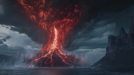Volcano eruption over water