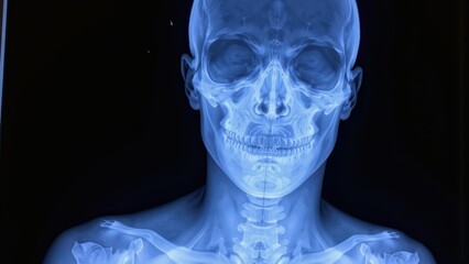 Close up of a human skull and upper body skeleton x ray in blue tones