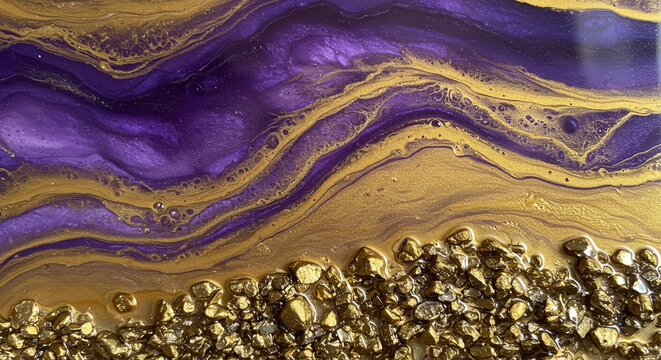 Stunning abstract purple and gold fluid art with shimmering texture and glittering stone accents