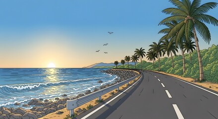 Ocean Road with Palm Trees at Sunrise, Scenic Coastal Route