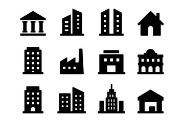 Silhouetted building icons: urban architecture and homes collection