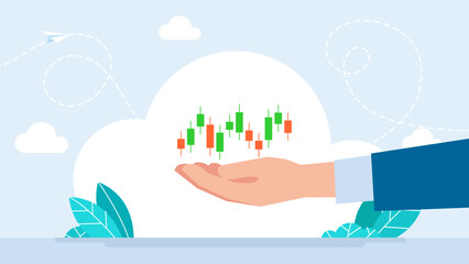 Hand holding candlestick icon set. Candlestick pattern chart symbol. Market investment trading. Hand with growth stock diagram financial graph. Candlestick icon trading stock. Vector illustration