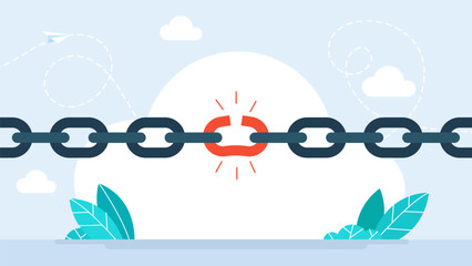 Weak link. Broken chain or weakness concept. Broken or unleashed black chain like freedom icon. concept of lost control sign or system vulnerability or security risk. Vector illustration