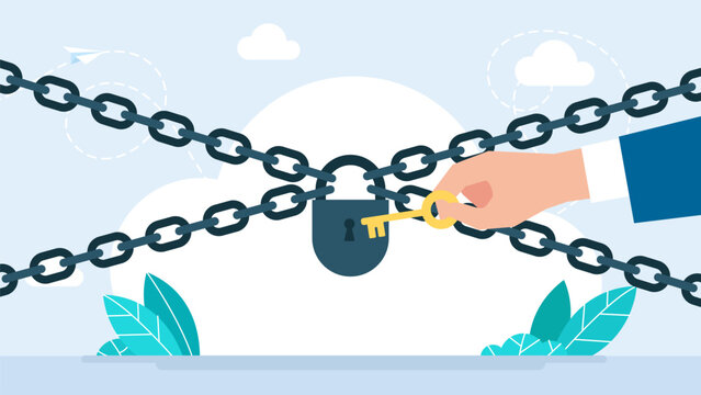 Open the lock. Сhain lock closed object. A person holds the key to the hand. Chains for the castle as a symbol of protection and safety. The padlock icon. Symbol of protection. Vector illustration