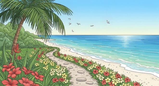 Tropical Beach Path with Palm Tree, Flowers, and Blue Ocean - Powered by Adobe