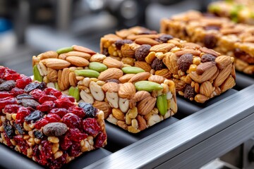 Fototapeta premium Cereal bars with nuts and dried fruits coming out of production line