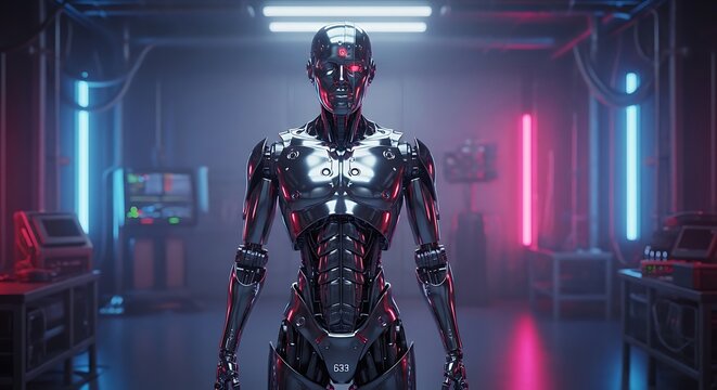 Futuristic Android in Neon-Lit Lab - Advanced Technology and Artificial Intelligence.