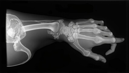 X ray of a human hand and wrist bones showing skeletal structure