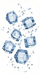 Refreshing ice cubes tumbling and splashing with water droplets for a cool beverage