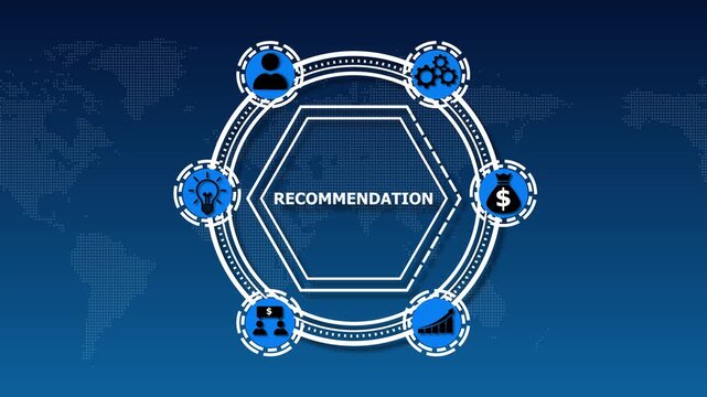 The word Recommendation on the virtual screen. Recommendation icon showing advice, suggestions, and guidance for decision making.