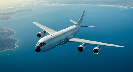 Obraz premium A large cargo airplane flies over a serene blue ocean and coastline