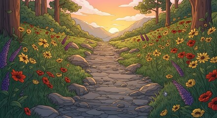 Scenic Stone Path Through Colorful Flower Meadow at Sunset