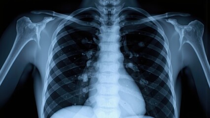 Close up of a human chest x ray showing lungs and rib cage