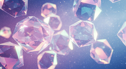 Abstract background with floating translucent geometric crystal shapes in soft purple and blue light.