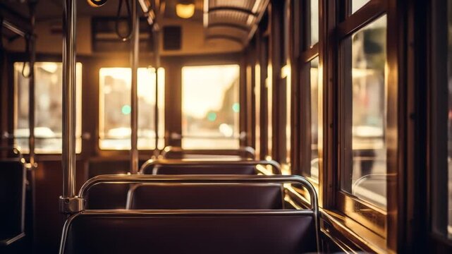 General Travel & Architecture Warm Sunset Light Inside Vintage Bus with Empty Seats and Wooden Details