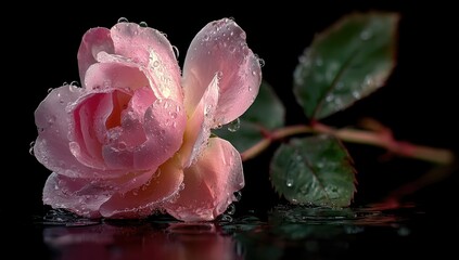 Fototapeta premium Delicate pink rose with water droplets on black background