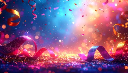 Obraz premium Abstract festive background with glitter, confetti, ribbons and free place for text. New Year, Christmas, birthday, holiday celebration banner