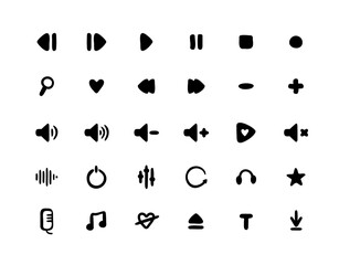 Doodle Music Media Player Icons Set. Hand Drawn black Play, Pause, Stop, Volume, Equalizer Buttons. Minimalism style. Fun and simple outline design for music, video, audio apps, podcast interface