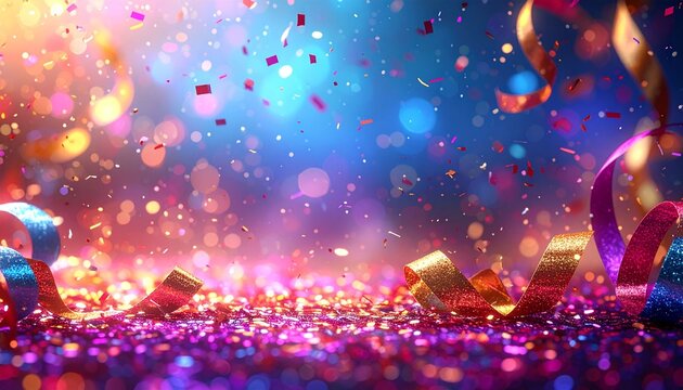 Abstract festive background with glitter, confetti, ribbons and free place for text. New Year, Christmas, birthday, holiday celebration banner