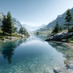A picturesque scene of a clear mountain lake with reflections of surrounding trees and mountains under a bright sky.