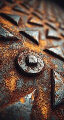 Rusty metal plate with geometric patterns. Close-up