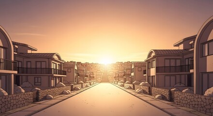 Residential Street with Houses at Sunset Cartoon Illustration