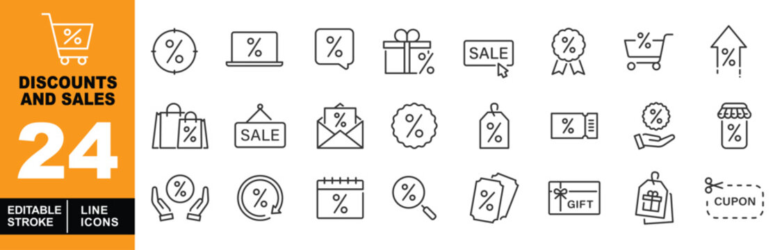 Discounts and Sales line icon set. Cart, circle, laptop, bubble, gift, sale, ribbon, arrow, bag, envelope, badge, tag, coupon, calendar, magnifying and more. Editable stroke icons collection.