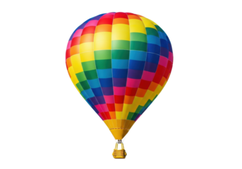 Meticulously detailed hot air balloon, vibrant geometric patterns, yellow wicker basket, isolated on seamless transparent background with copy space, concept of adventure and freedom