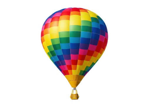 Meticulously detailed hot air balloon, vibrant geometric patterns, yellow wicker basket, isolated on seamless transparent background with copy space, concept of adventure and freedom - Powered by Adobe