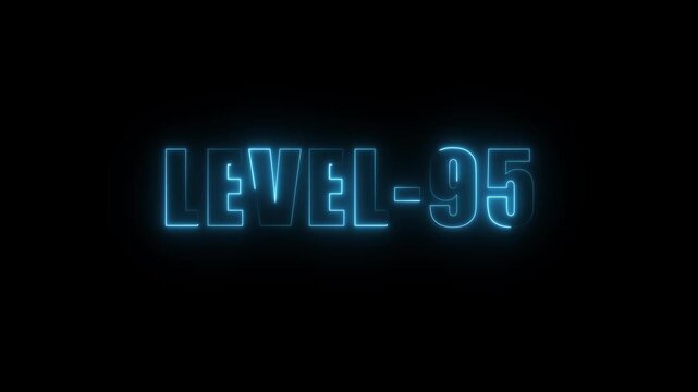 Neon blue L E V E L 95 text glowing on black background futuristic digital achievement milestone