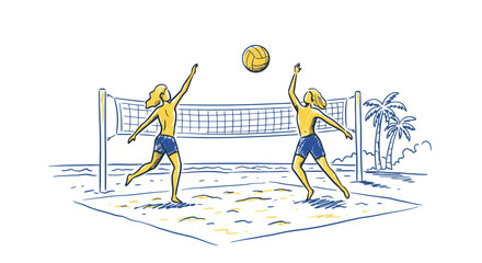Two women playing beach volleyball.