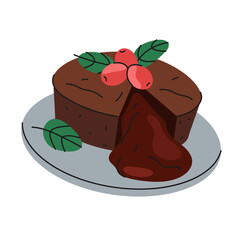 Chocolate cake on plate. Vector dessert with berry. Sweet pastry with icing or served treat for cafe or restaurant bakery, patisserie or confectionary. Food for festive celebration. Homemade dish.