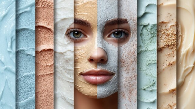 Woman with a face mask on and a variety of different colored skin care products  beauty treatments for different skin types