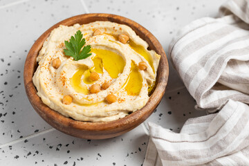 Homemade vegan hummus. Tasty vegan snack.