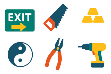 Colorful flat icons set: exit sign, tools, gold bars, yin yang for versatile use