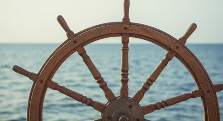 The Helm, A weathered wooden ship's wheel against the open ocean