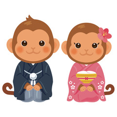 晴れ姿の申年のキャラクター　男女
