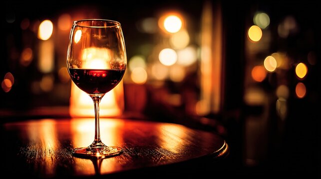 ダークウッドのテーブルの上にエレガントに置かれた赤ワインのグラスが、暖かい周囲の光を反射しています。
