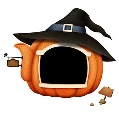 Fantasy cartoon pumpkin shopwindow in Halloween hat, graphic resource for card or poster or party 
invitation. 