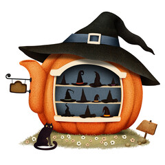 Fantasy cartoon pumpkin shopwindow in Halloween hat, graphic resource for card or poster or party 
invitation. 